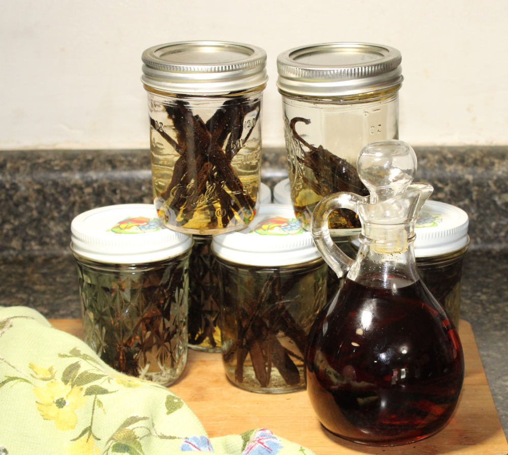 beginnings of vanilla extract and finished vanilla extract bottled