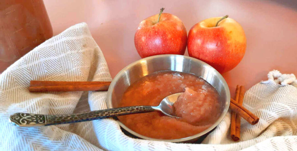 Homemade applesauce in a bowl with a spoon