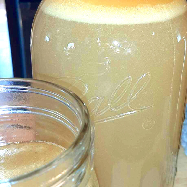 bone broth that has been strained off of the bones showing the layer of fat at the top