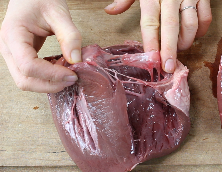 the "strings" of a raw beef heart