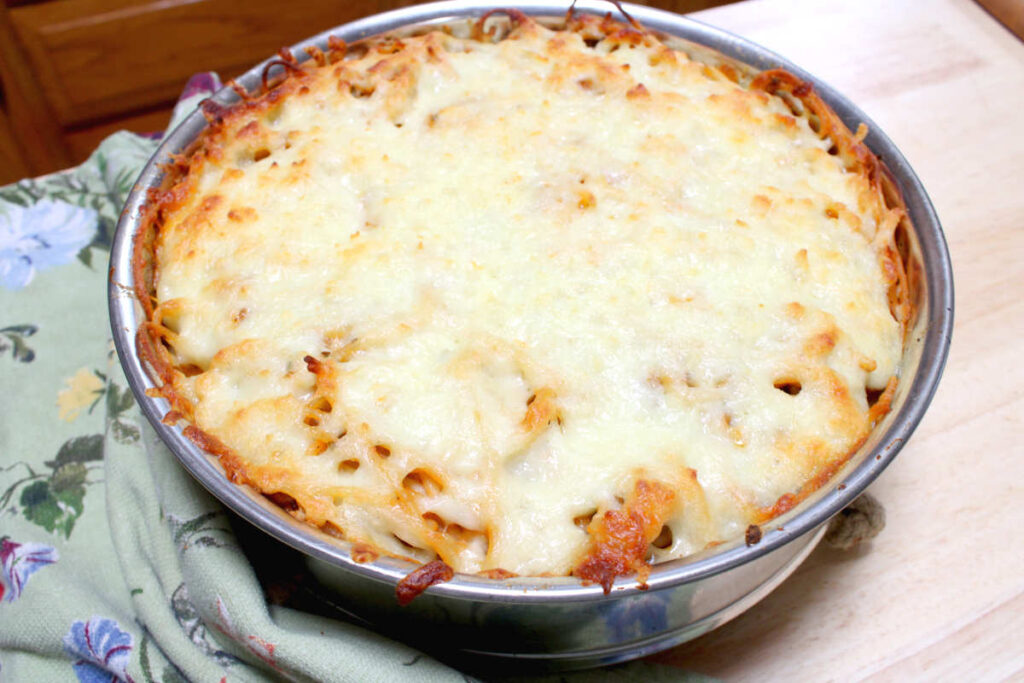 baked spaghetti pie recipe baked in a springform pan